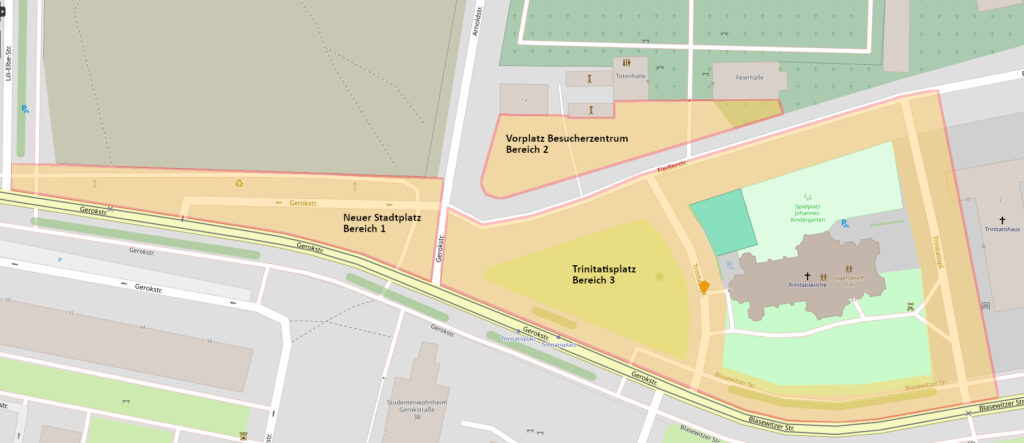 Die Karte zeigt das Planungsumfeld und seine drei Bereiche: Den neuen Stadtplatz, den Vorplatz des Begegnungszentrums und den Trinitatisplatz.