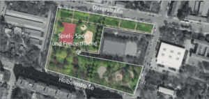 Luftbild Johannstadt, weiß umrandet das geplante Areal für die Neugestaltung