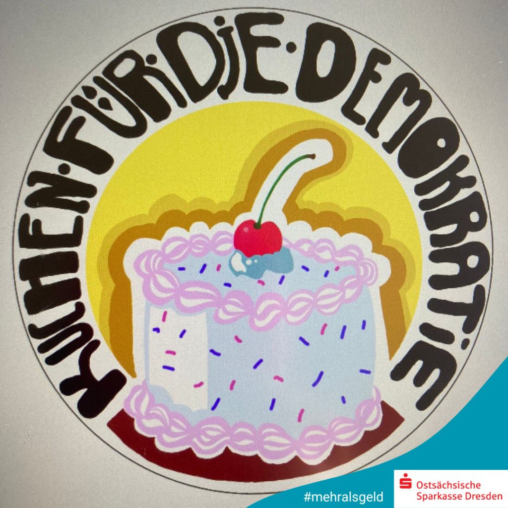 Illustration einer Torte mit Kirche und rund herum steht "Kuchen für die Demokratie