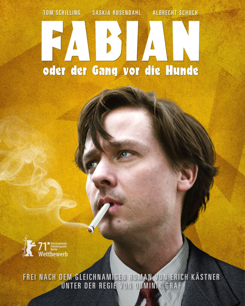 Filmplakat zu „Fabian oder der Gang vor die Hunde“ junger Mann mit Zigarette im Mund vor gelbem Hintergrund