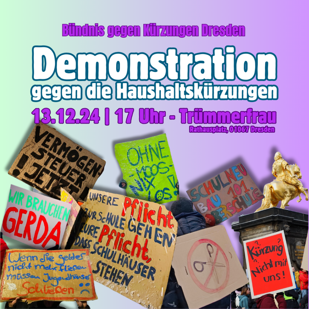 Ein Bild, das mehrere Plakate zeigt, die zu einer Demonstration aufrufen.