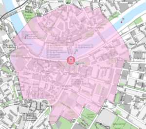 Ausschnitt Dresdner Stadtplan. Der Ausschnitt markiert den Evakuierungsbereich nach einem Bombenfund.