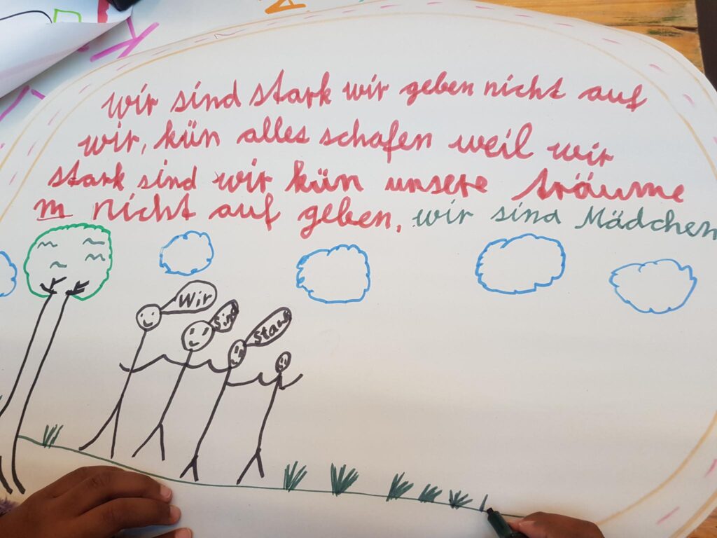 Ein Bild, das Text, Kinderkunst, Handschrift, Zeichnung enthält.